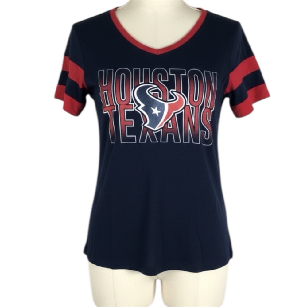 NFL Houston Texans Women's V-Neck T-Shirt Navy Red Striped Sleeve Size M‎